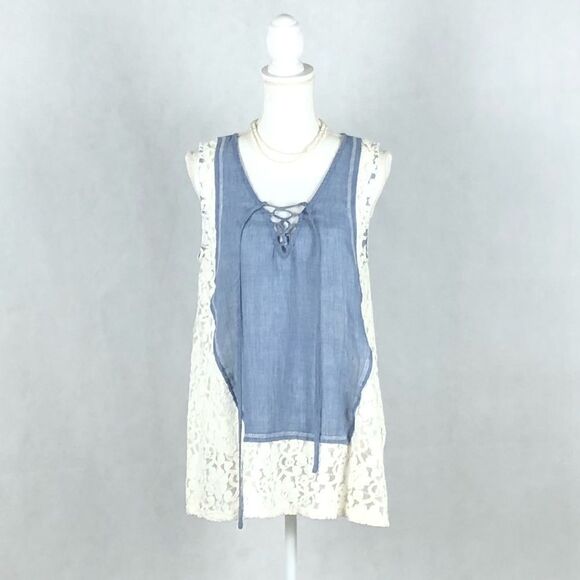 A’reve Lace Sleeveless Denim Top - Picture 1 of 8